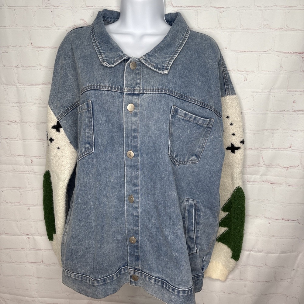 Nora Madison Jean Jacket Women's Oversized Denim Sherpa Knit Sleeves Boho XL - Picture 2 of 16